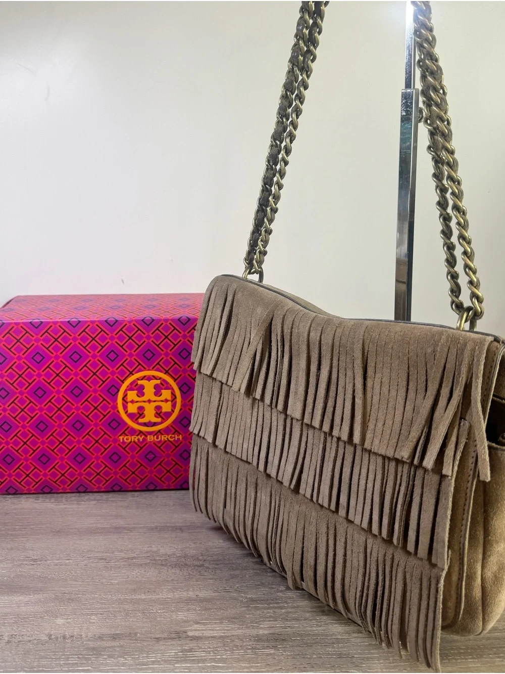 Tory Burch Tan Suede Fringe Shoulder Crossbody Bag with Antique Gold Chain